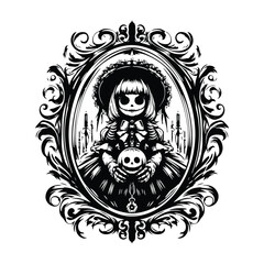 Fototapeta premium haunted girl doll inside victorian flourish, in black and white illustrations, cutout graphic