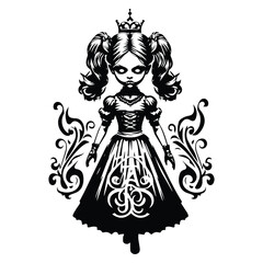 haunted girl doll with victorian flourish decoration in black and white illustrations, cutout graphic