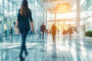 Blurred image of business people in the lobby of a modern office building , ai