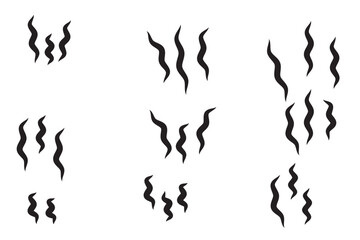 Smoke steam icon vector logo set. Smoke smell, steam aroma heat icon illustration. Hot vapor fire doodle line logo. Hit stink, coffee, fragrance flame elements. Vector illustration.
