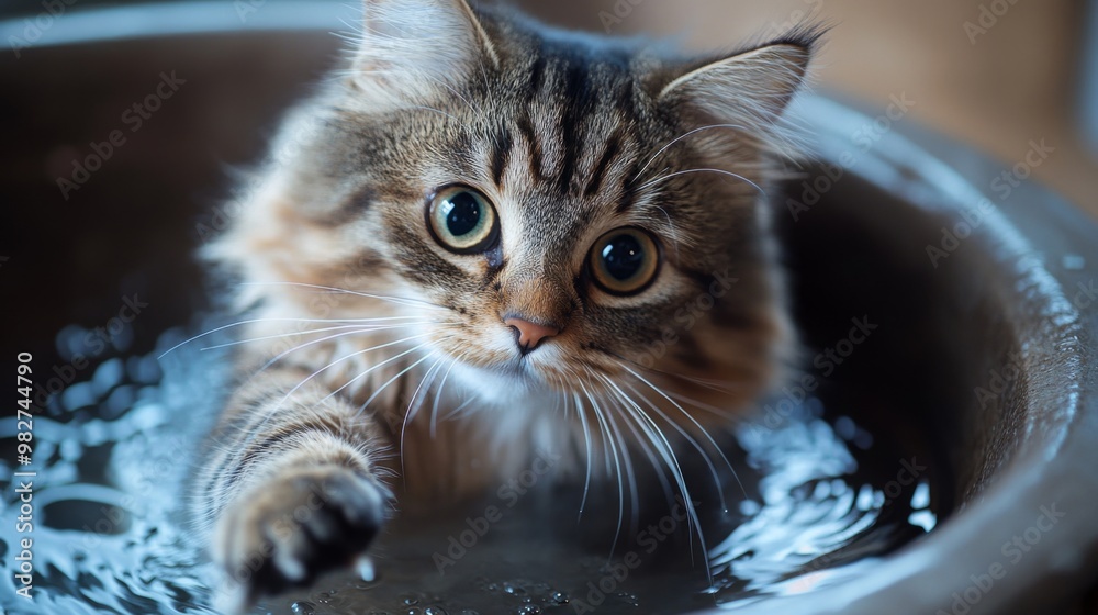 Poster a fluffy cat curiously dipping its paw into a small basin of water, watching the movement with wide,