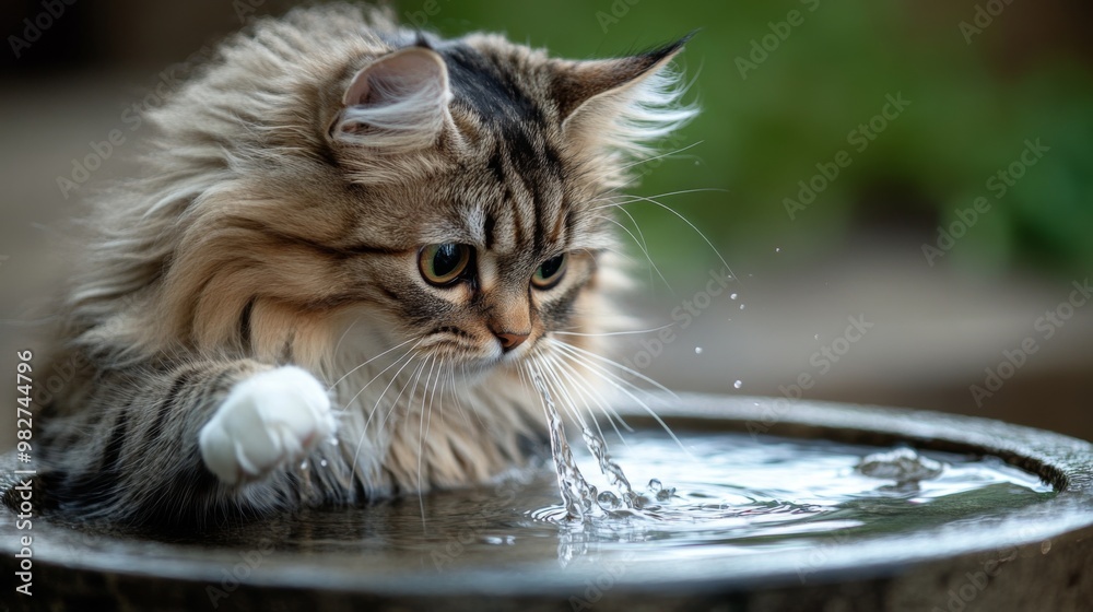 Aufkleber a fluffy cat curiously dipping its paw into a small basin of water, watching the movement with wide,