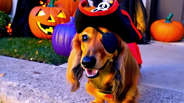 Adorable Dachshund sausage dog in pirate costume with hat eye patch in spooky front yard Halloween pumpkin decorations