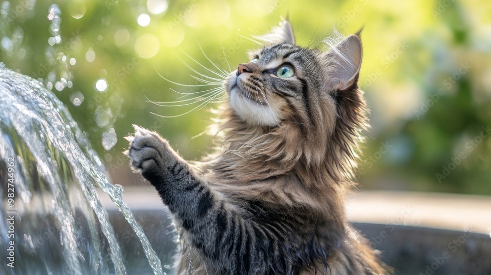 Poster a fluffy cat sitting near a water fountain, dipping its paw into the flowing water while looking up 