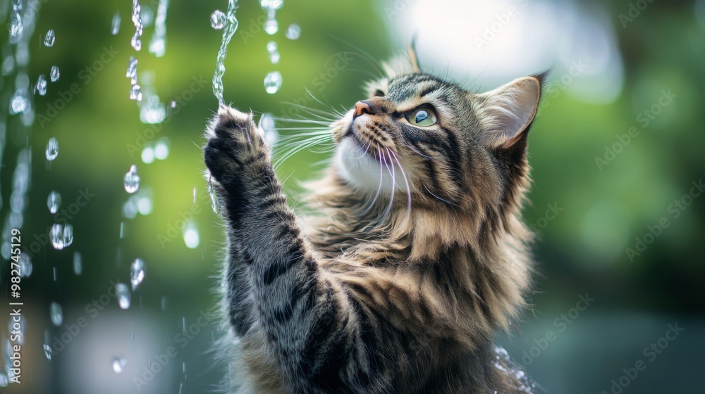 Poster a fluffy cat sitting near a water fountain, dipping its paw into the flowing water while looking up 