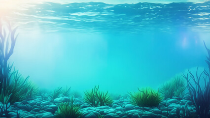 Serene Underwater Scene with Seaweed and Sunlight in Clear Blue Ocean