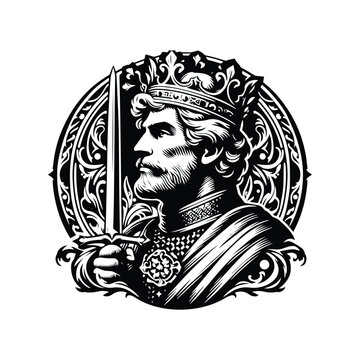 recommend clip art: King Arthur with victorian flourish decoration in black and white illustrations, cutout graphic
