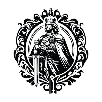 recommend clip art: King Arthur with victorian flourish decoration in black and white illustrations, cutout graphic
