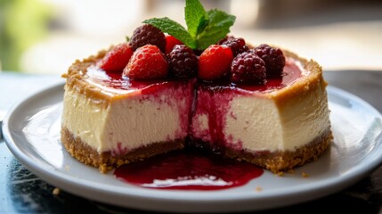 A freshly baked cheesecake with a graham cracker crust and berry topping, set on a white plate with a simple garnish of mint leaves.