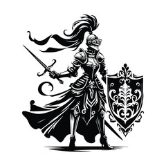knight female with victorian flourish decoration in black and white illustrations, cutout graphic