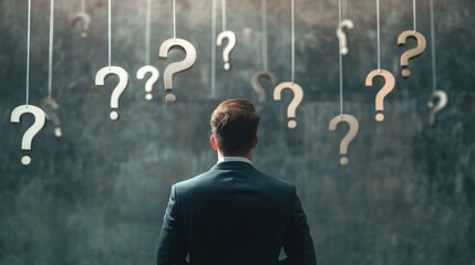 Contemplative businessman looking at hanging question marks, visualizing decision-making and problem-solving in a symbolic scene.