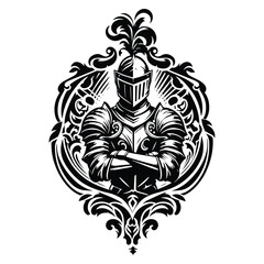Naklejka premium knight male with victorian flourish decoration in black and white illustrations, cutout graphic