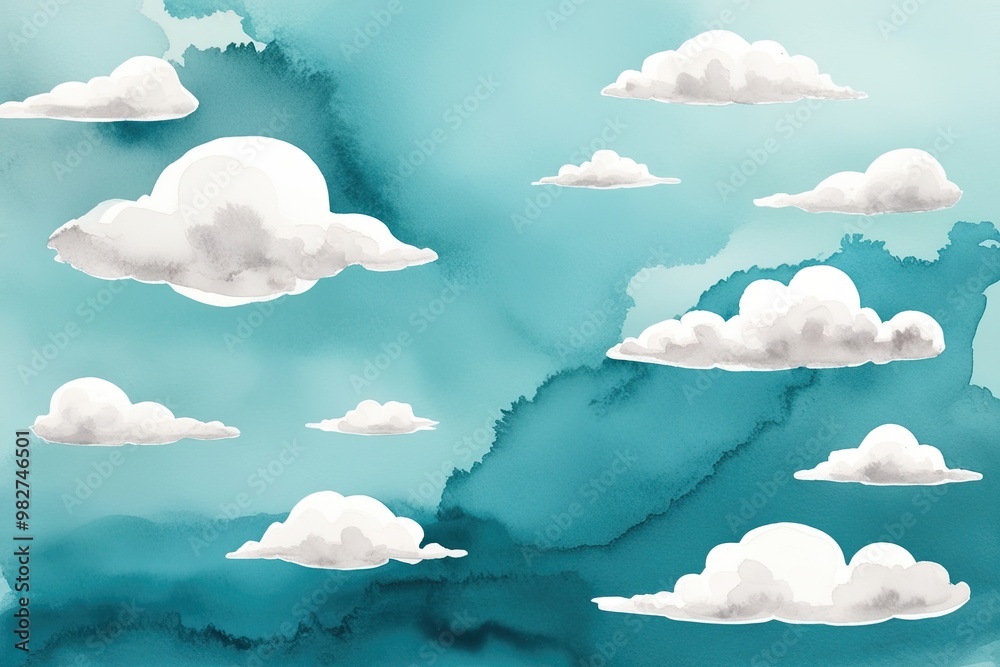 Wall mural whimsical aquamarine watercolor background with fluffy cloudscapes