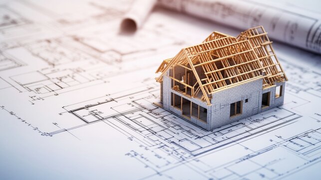 House under construction on blueprints close up. Building project concept