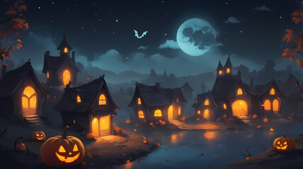 Spooky Halloween night with pumpkins and a haunted house under a full moon, surrounded by bats, bare trees, and a dark, eerie atmosphere