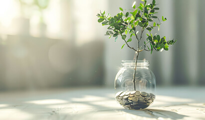 small bonsai tree growing from glass bottle on marble floor background. Financial ideas and growing economic direction. economic growth banner background
