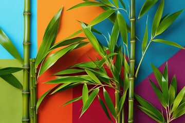 Naklejka premium Bamboo Leaf Art on Colorful Canvas for Natural Wellness Home Decor