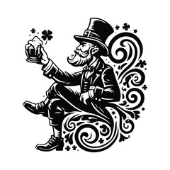 Obraz premium Leprechaun with victorian flourish decoration in black and white illustrations, cutout graphic