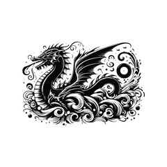 Leviathan with victorian flourish decoration in black and white illustrations, cutout graphic