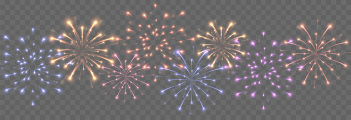 Vector fireworks. Multicolored fireworks on isolated transparent background. Fireworks png. Holiday fireworks. Festive background.