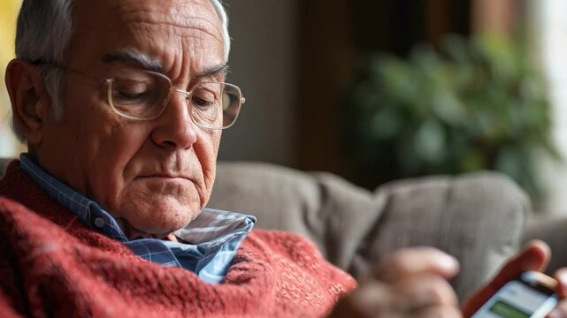A 4K video showcasing at-home diabetes care features an elderly male holding a glucometer and reading her blood sugar levels with a focused expression.