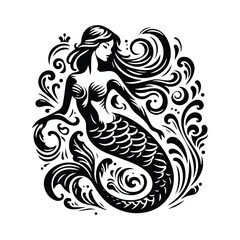 Fototapeta premium Mermaid with victorian flourish decoration in black and white illustrations, cutout graphic