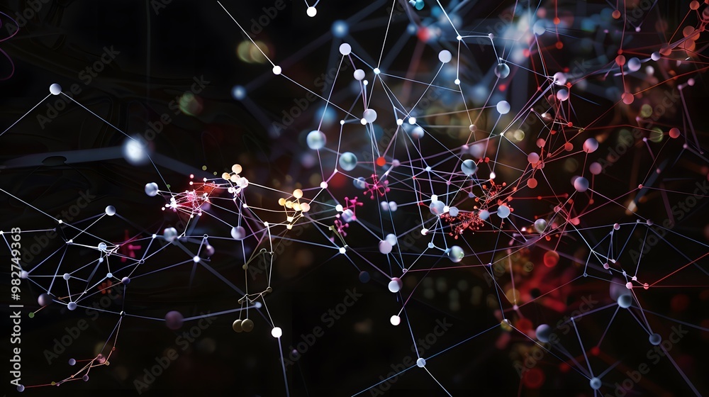Poster a network of interconnected, radiant nodes exchanging data through visual mechanisms like pipes, mes