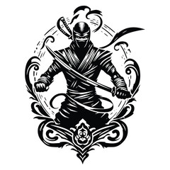 Fototapeta premium ninja male with victorian flourish decoration in black and white illustrations, cutout graphic