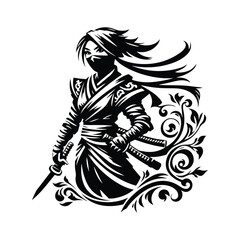 Fototapeta premium ninja female with victorian flourish decoration in black and white illustrations, cutout graphic