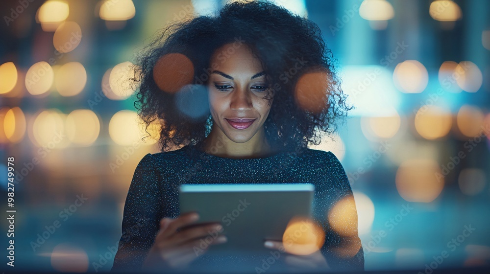 Poster A multicultural group of employees collaborating on a tablet, seated at a conference table in a modern office. The scene is captured from afar, with part of the image blurred to enhance the feeling