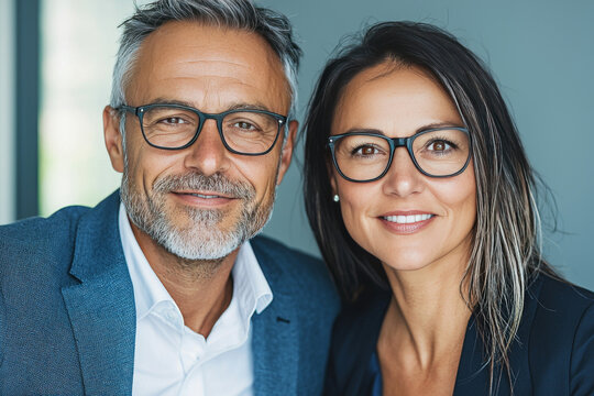 Smiling business couple in glasses.
