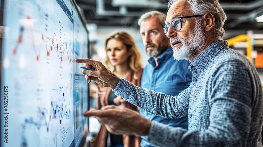 Poster Younger and older employees discussing a project while using a digital whiteboard in a bright office space. The image is taken from a distant viewpoint with a blurred object in the foreground,