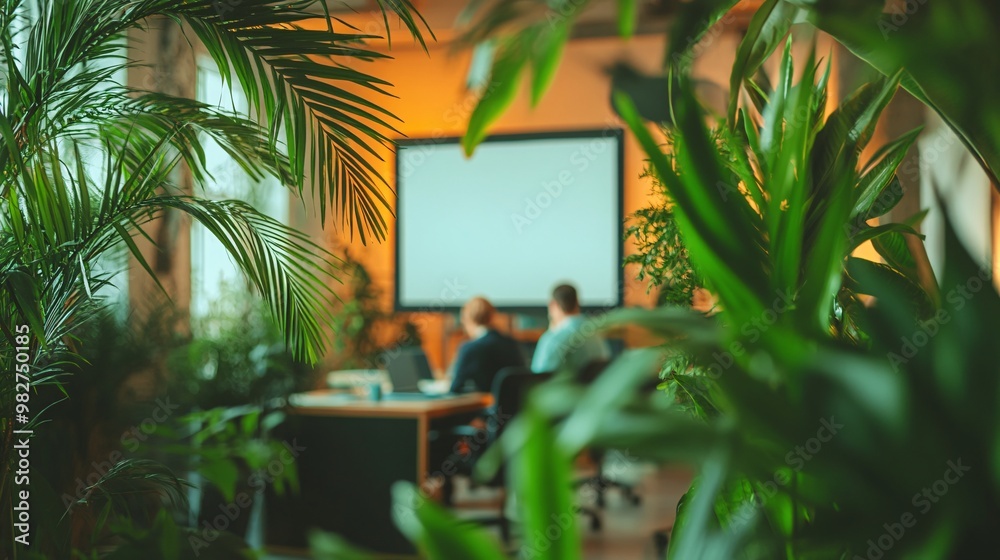 Poster Younger and older employees discussing a project while using a digital whiteboard in a bright office space. The image is taken from a distant viewpoint with a blurred object in the foreground,