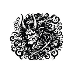 Fototapeta premium Oni with victorian flourish decoration in black and white illustrations, cutout graphic