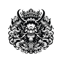 Oni with victorian flourish, in black and white illustrations, cutout graphic