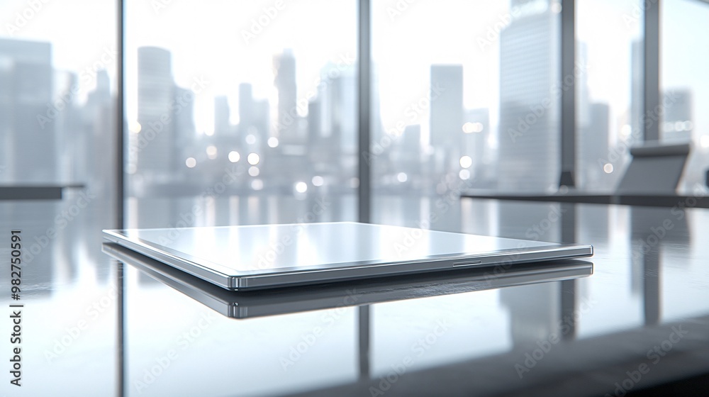 Poster using a tablet in a sleek, modern office. The image is captured from a distant angle, with a blurred office object in the foreground for a hidden perspective. Large space for text in center Stock