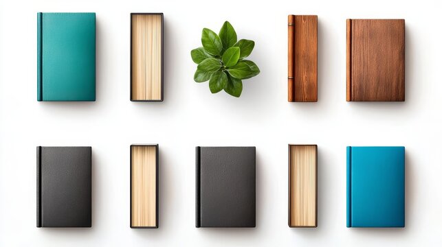 A flat lay of colorful books and a plant, perfect for education, reading, or nature-themed projects.