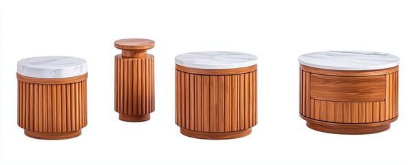 Stylish wooden tables with marble tops, perfect for modern decor and versatile living spaces.