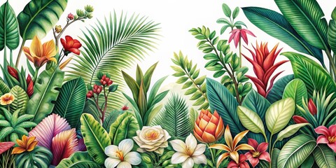 Naklejka premium Highly detailed botanical of exotic tropical plants and flowers, nature artwork, botanical,exotic, plants, flowers
