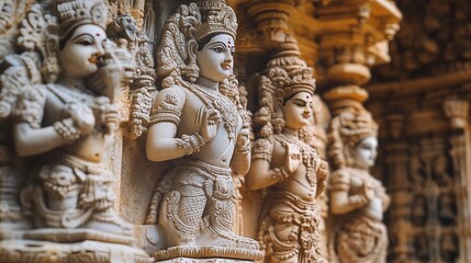 A close-up of intricate carvings and statues inside a Hindu temple, illuminated by natural light