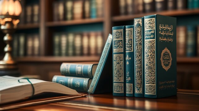 A close-up of Islamic finance books and study materials on a desk