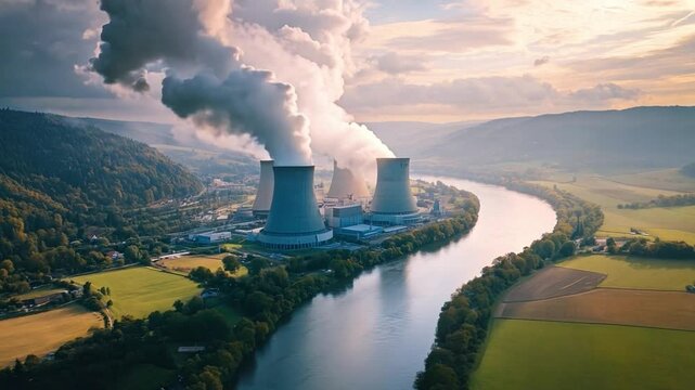 Aerial shot of a nuclear power plant with cooling towers that blends energy production with the natural surroundings of a nearby river and agricultural fields.