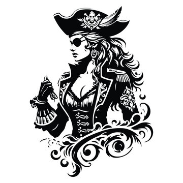 recommend clip art: pirate female with victorian flourish decoration in black and white illustrations, cutout graphic