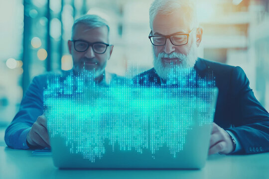 Two men working on a laptop with a glowing blue digital overlay.