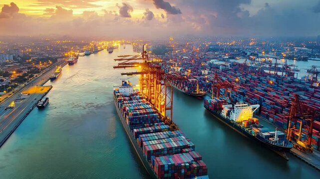 Aerial view of a major port with docks, cargo ships, and cranes, surrounded by industrial zones and connected by rail and road networks, illustrating logistics infrastructure.