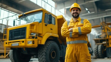 Man in yellow overalls and hard hat poses happily next to a bright yellow construction truck indoors during daylight