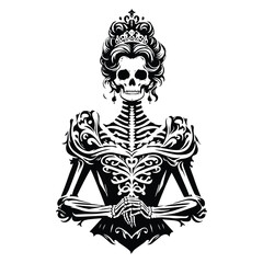 princess skeleton with victorian flourish decoration in black and white illustrations, cutout graphic