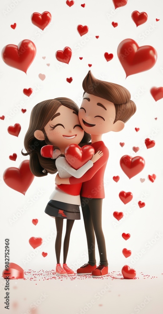 Poster A cheerful couple embraces with hearts surrounding them, symbolizing love and affection.