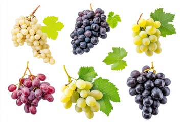 Set of various types of grapes (Black, white and red grape) with leaf flying isolated on white background , ai