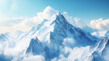 Three-dimensional, realistic snow-covered mountain peak with a bright blue sky and soft clouds, rendered in high detail with a snowy texture